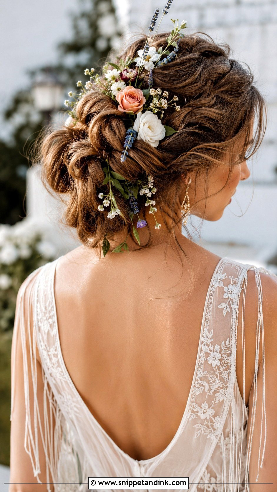 Boho Braided Updo With Flowers - Snippet and Ink - 35 Wedding Hair Updo Ideas