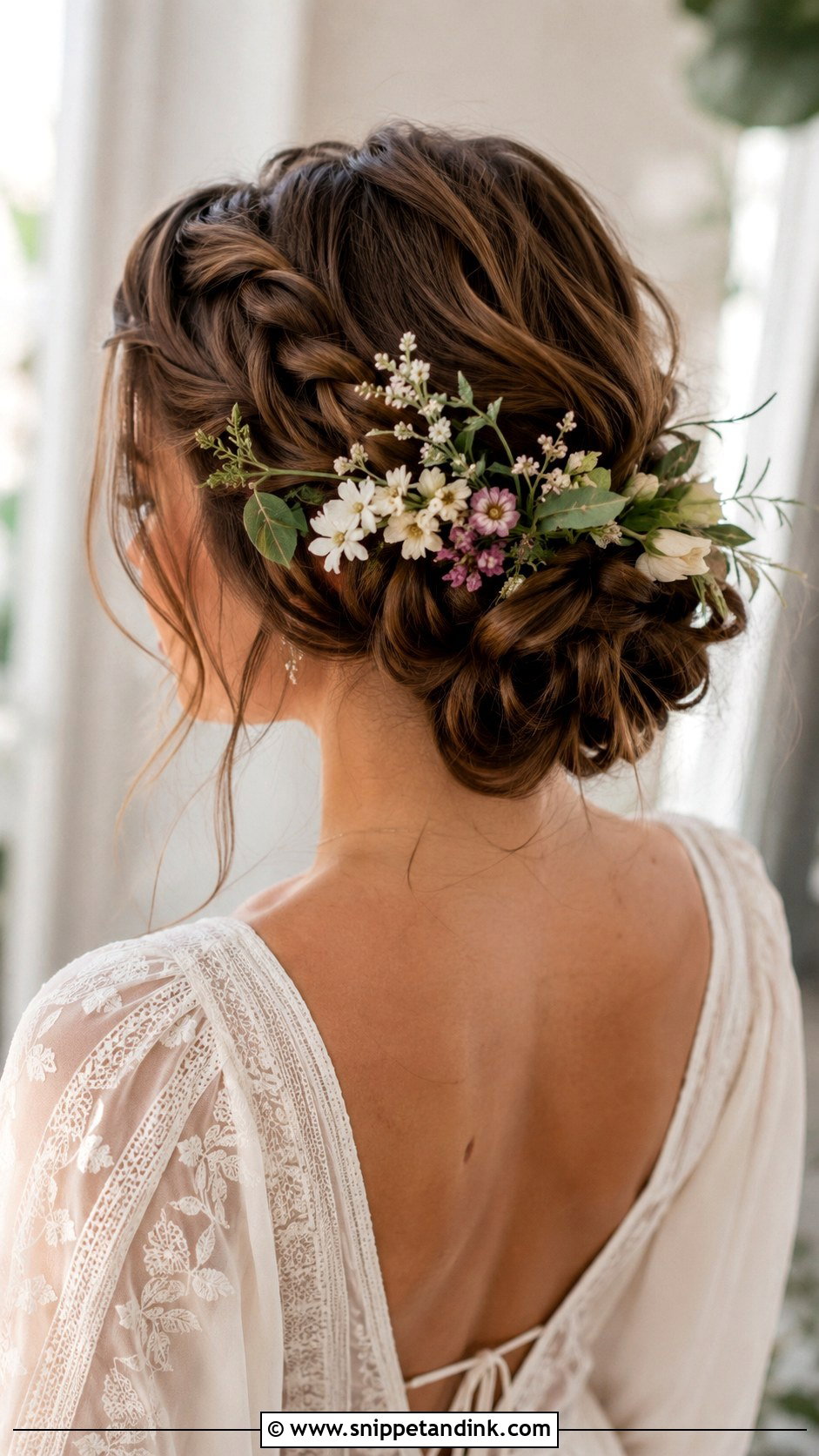 Boho Braided Updo With Flowers - Snippet and Ink - 25 Wedding Hair Inspiration Ideas