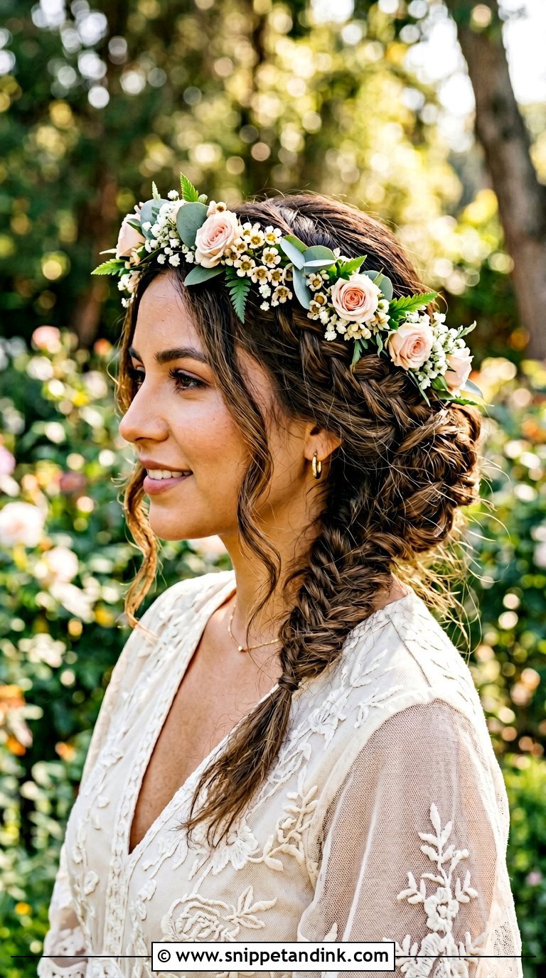 Boho Braided Updo with Flower Crown - Snippet and Ink - 20 Bridal Hair with Crown Ideas