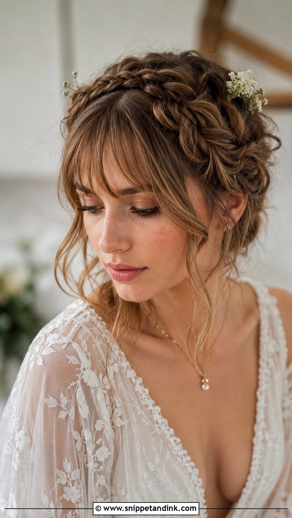 Boho Braided Updo with Wispy Bangs - Snippet and Ink - 25 Bridal Hairstyles with Bangs