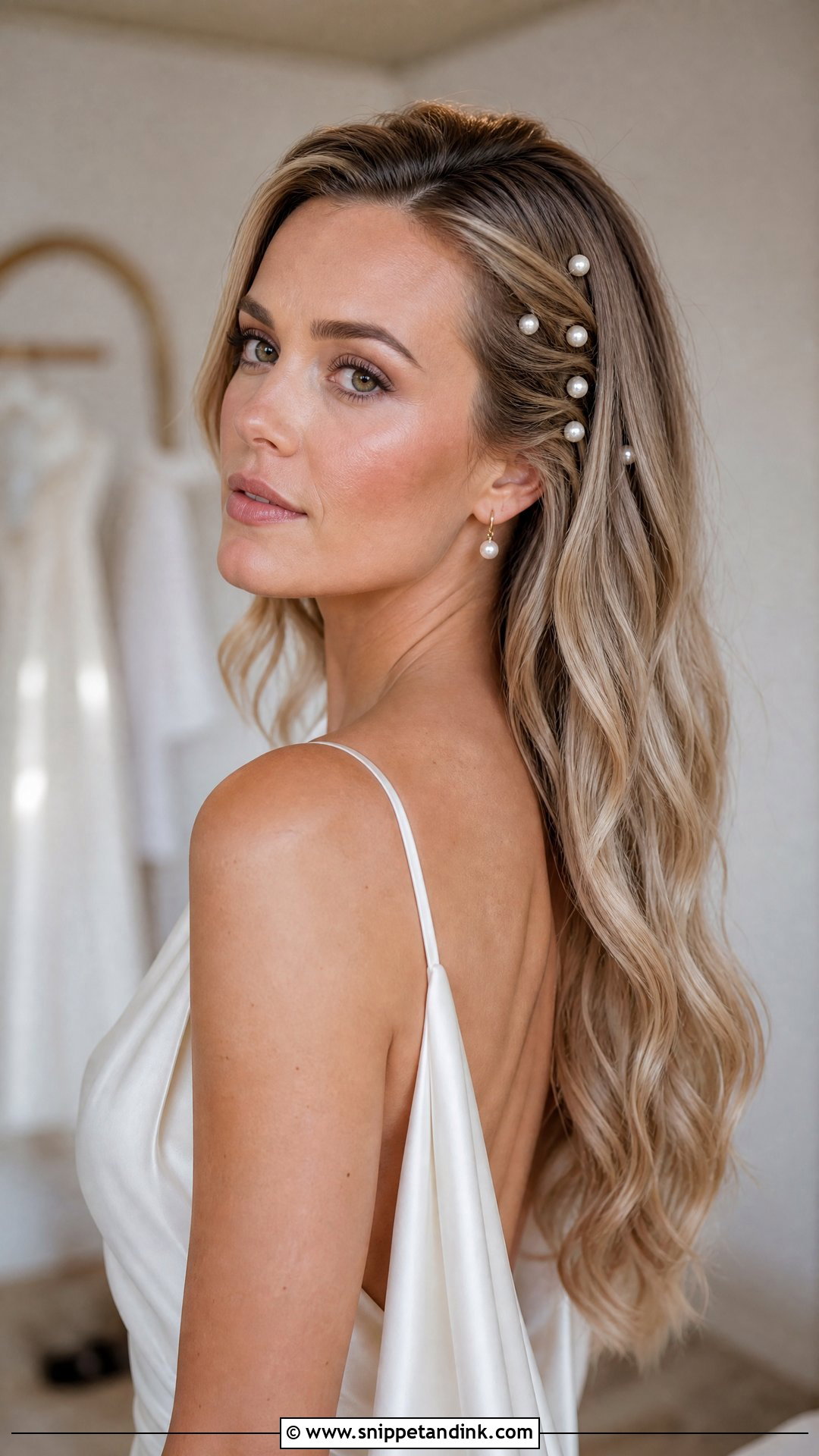 Boho Bridal Hair Down With Pearl Pins - Snippet and Ink - 15 Boho Bridal Hair Down Ideas
