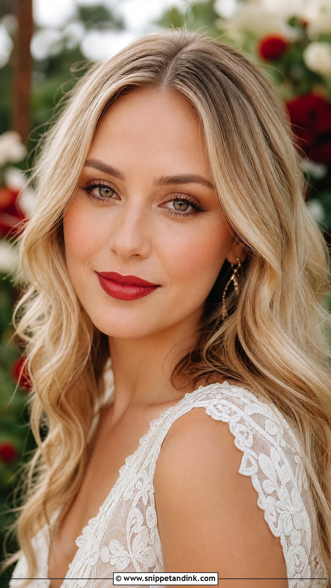 Boho Bridal Makeup With Red Lip For Blonde Bride - Snippet and Ink - 20 Boho Wedding Makeup Blonde Ideas
