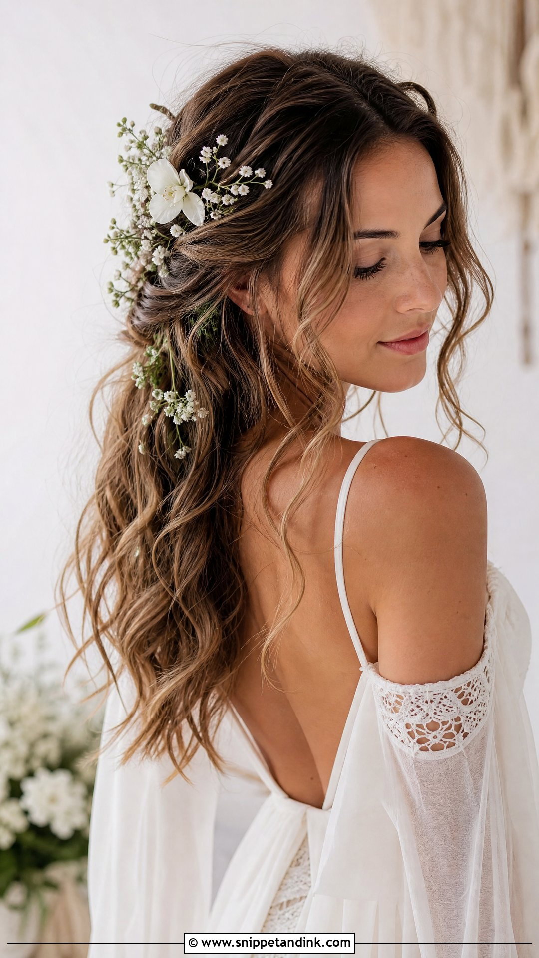 Boho Bridal Waves With Flowers - Snippet and Ink - 20 Classic Bridal Hair Ideas