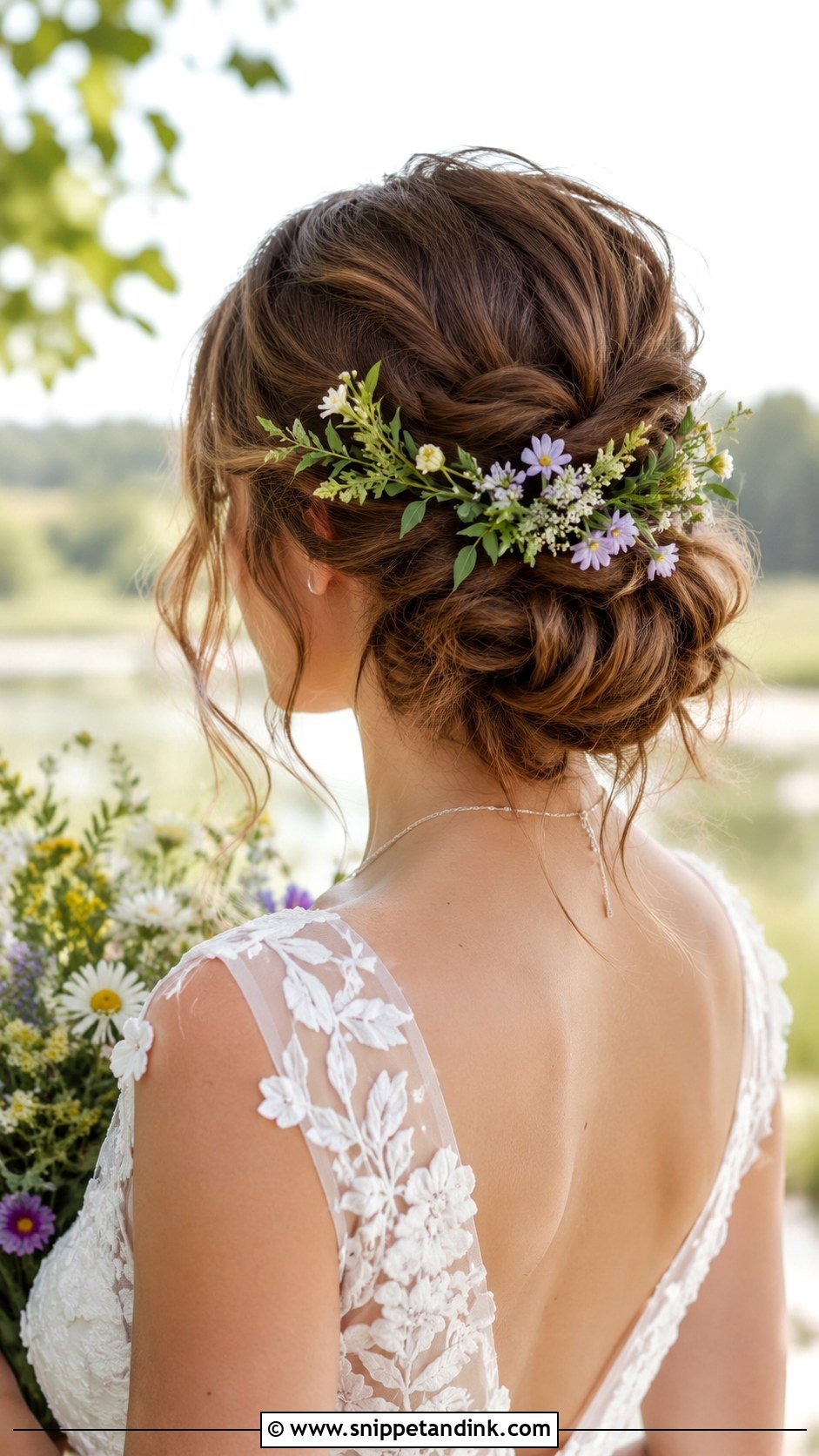 Boho Chignon With Floral Accents - Snippet and Ink - 20 Bohemian Wedding Hairstyles