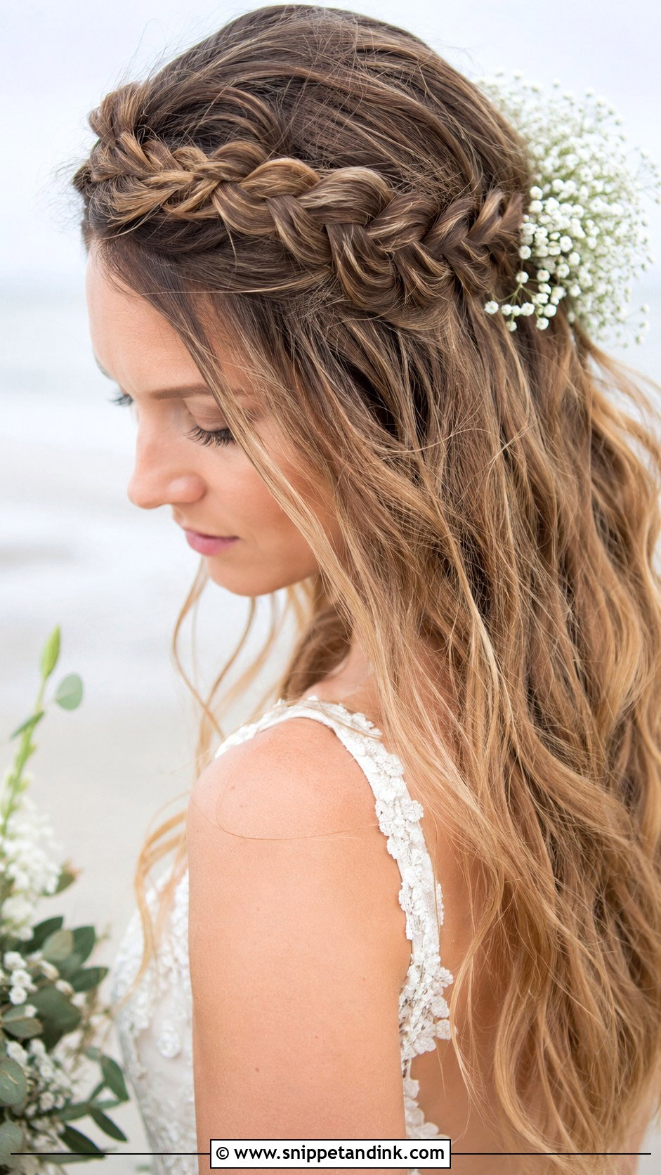Boho Crown Braid With Waves - Snippet and Ink - 20 Beach Wedding Hairstyles for Long Hair