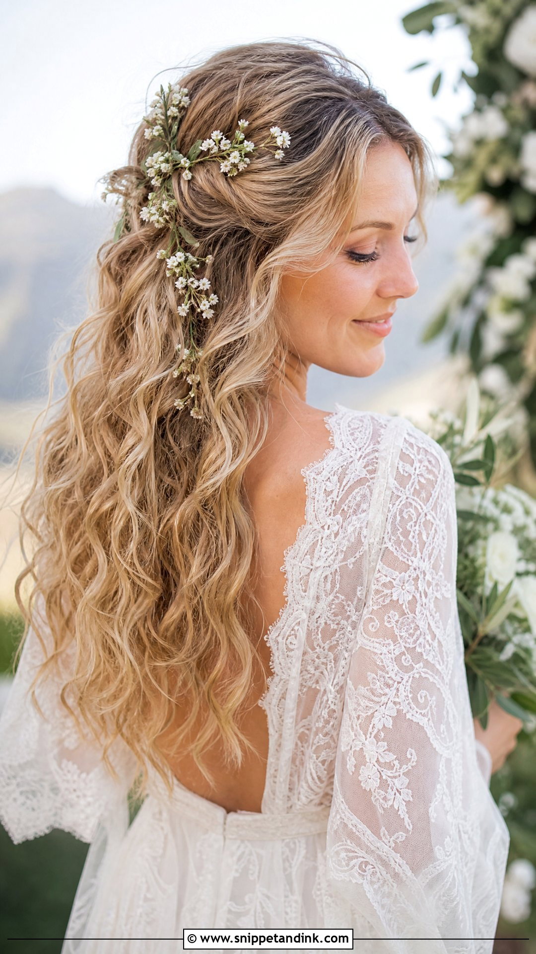 Boho Curls Bridal Hair Down With Flowers - Snippet and Ink - 15 Curled Bridal Hair Down Ideas