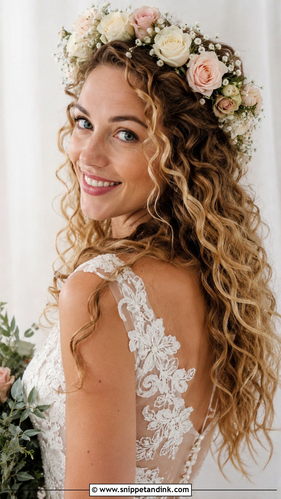 Boho Curls With Flower Crown - Snippet and Ink - 20 Bridal Hair Down with Headpiece Ideas