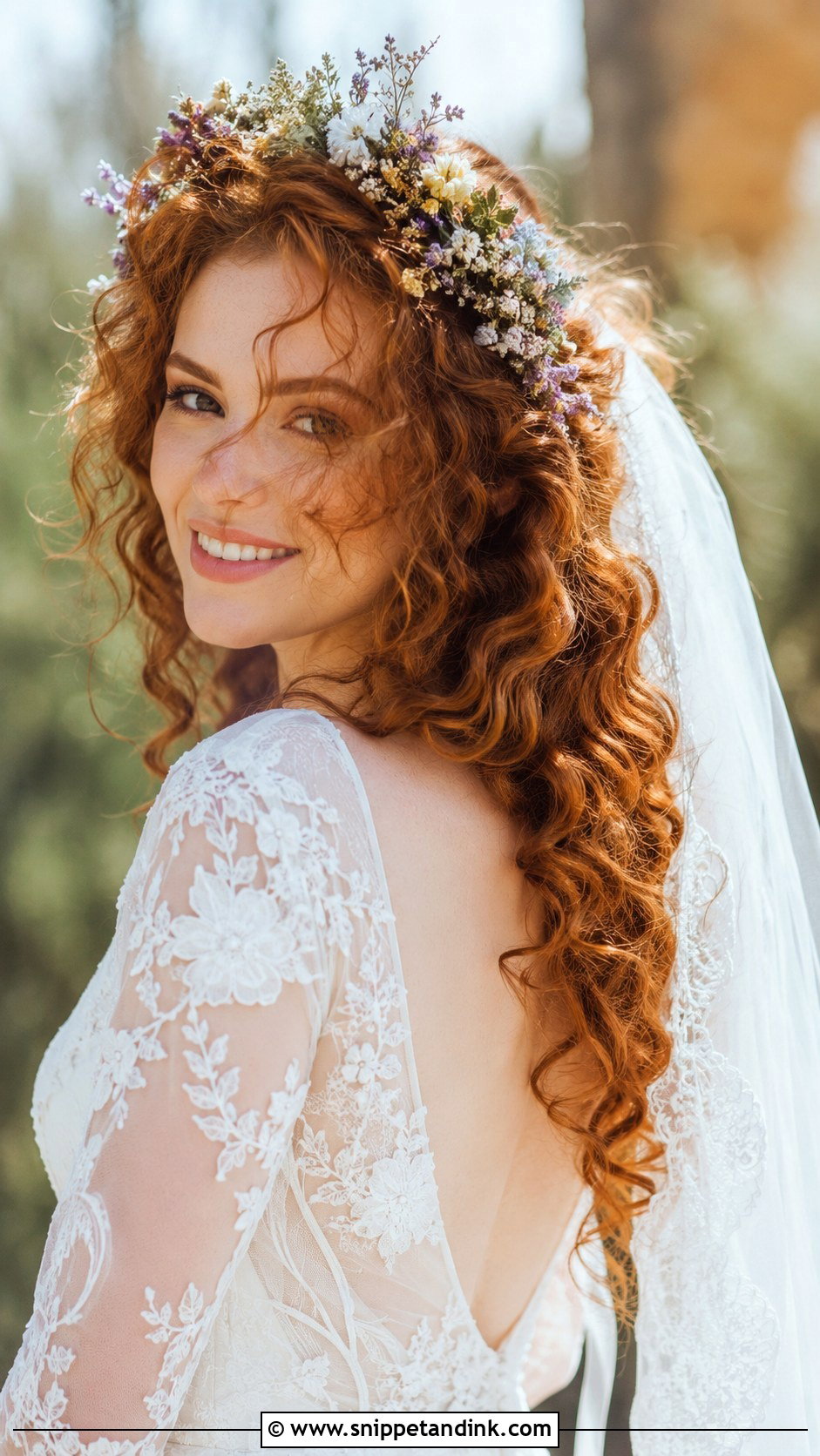 Boho Curls With Flower Crown and Veil - Snippet and Ink - 20 Curly Hair with Veil Ideas