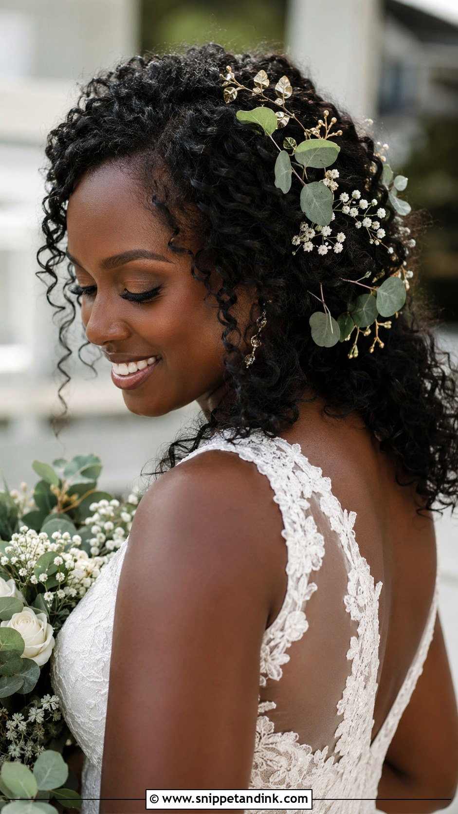 Boho Curls With Greenery - Snippet and Ink - 20 Afro Wedding Hair Ideas
