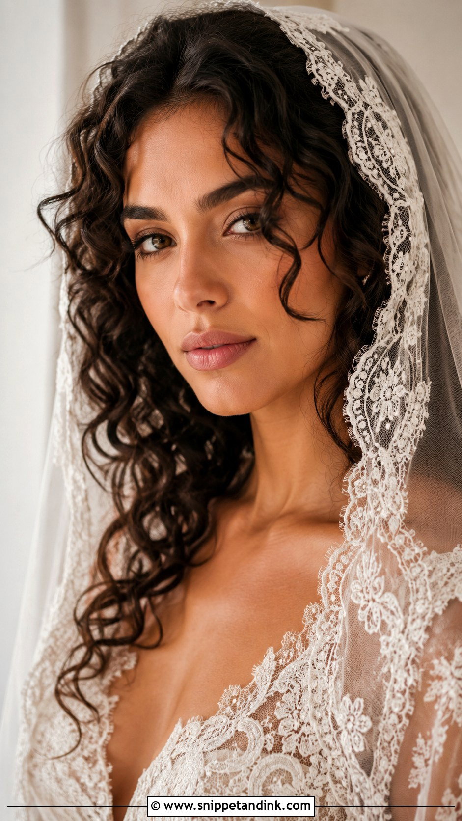 Boho Curls With a Lace Mantilla Veil - Snippet and Ink - 25 Veil Hair Down Ideas