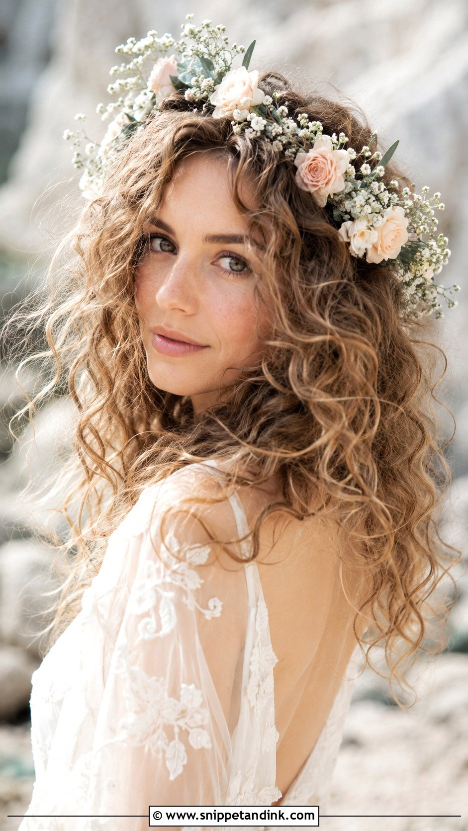 Boho Curly Hair With Flower Crown - Snippet and Ink - 25 Curly Bride Hairstyles