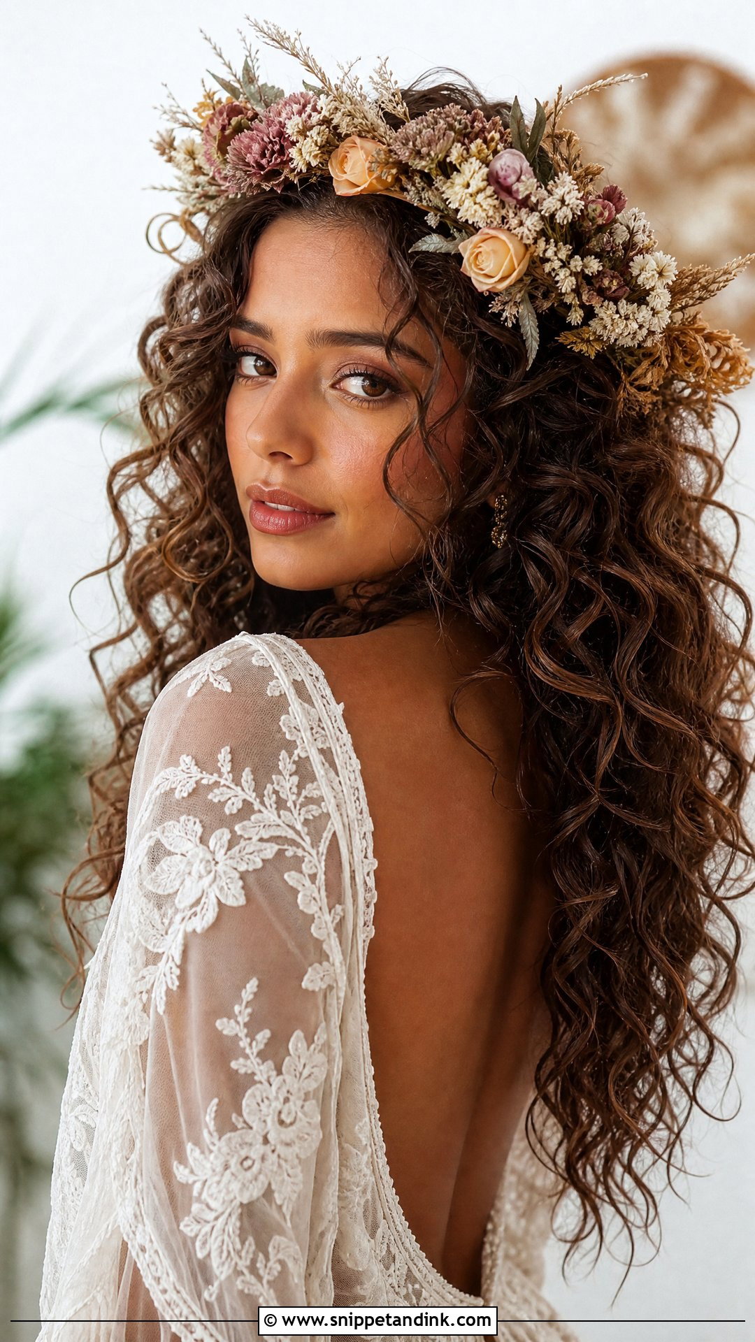 Boho Curly Hair With Flower Crown - Snippet and Ink - 20 Long Curly Hair Wedding Styles