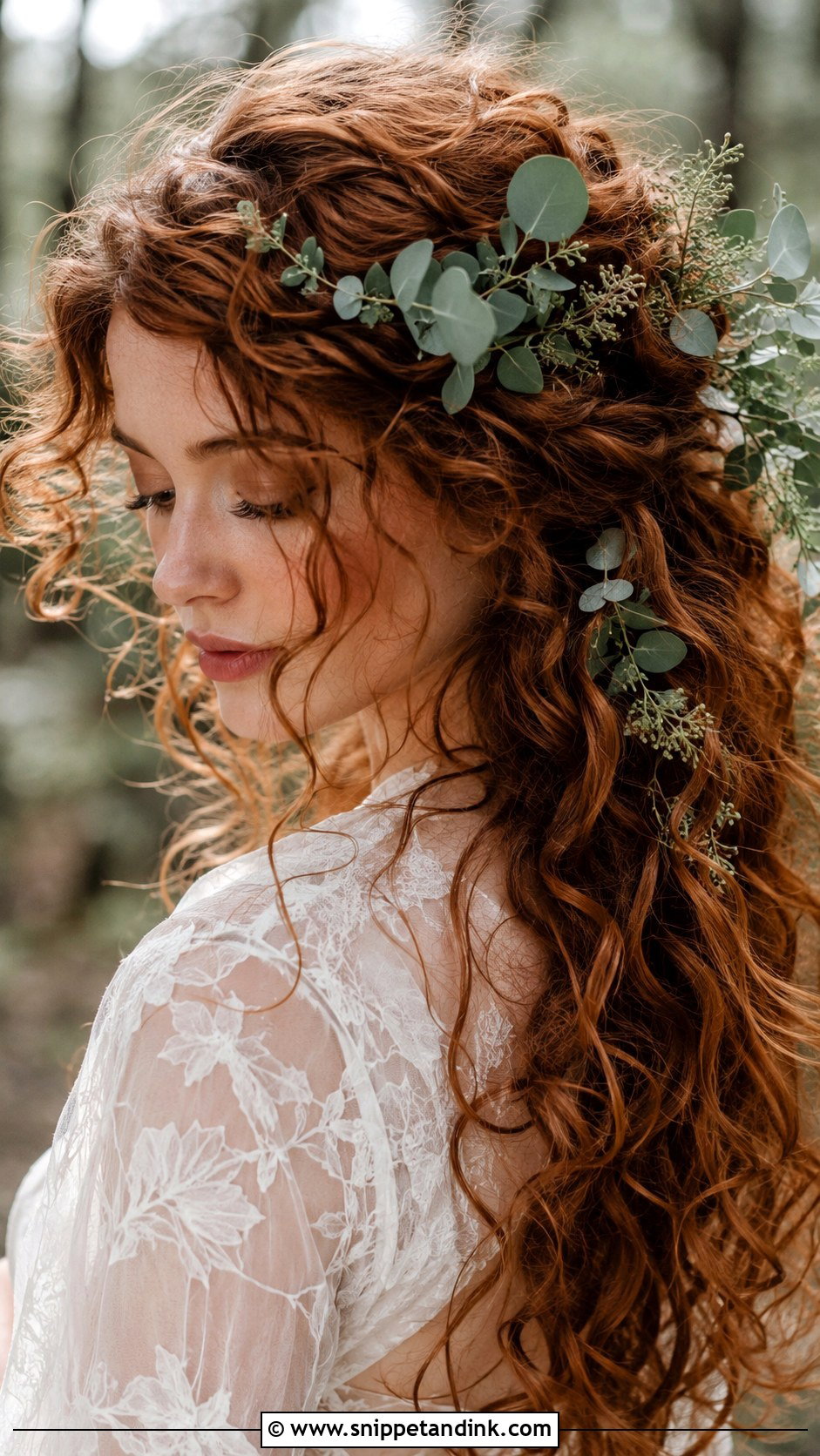 Boho Curly Hair With Greenery - Snippet and Ink - 20 Short Curly Wedding Hairstyles
