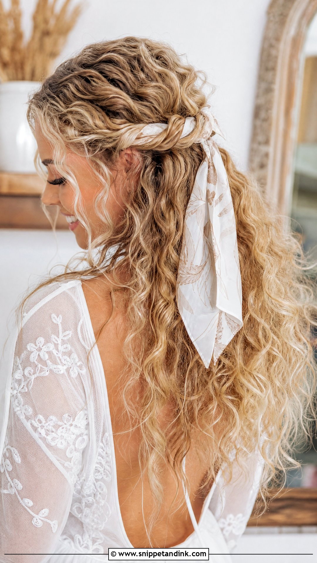 Boho Curly Half Up With a Hair Scarf - Snippet and Ink - 20 Curly Hair Half-Up Half-Down Wedding Ideas