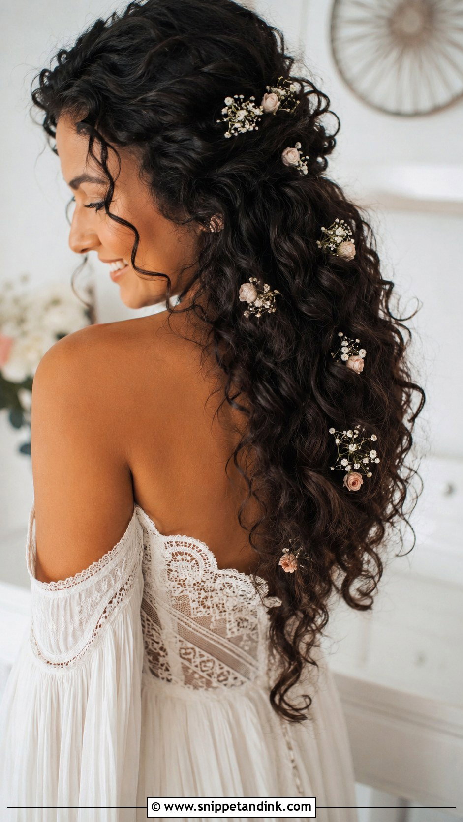 Boho Curly Wedding Hair With Flowers - Snippet and Ink - 20 Long Curly Bridal Hair Ideas
