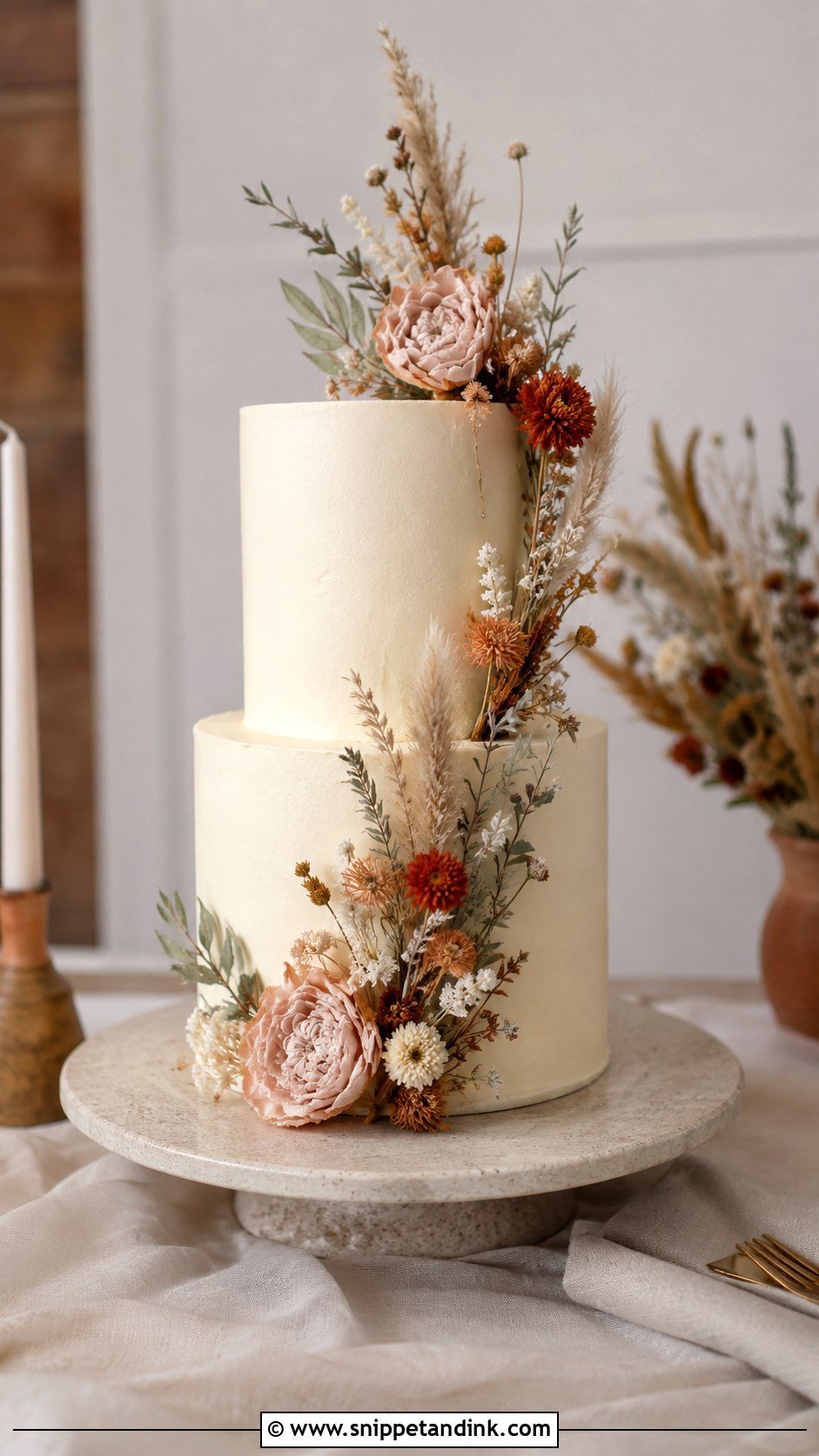 Boho Dried Flower Wedding Cake - Snippet and Ink - 20 Boho Style Cake Ideas for Wedding