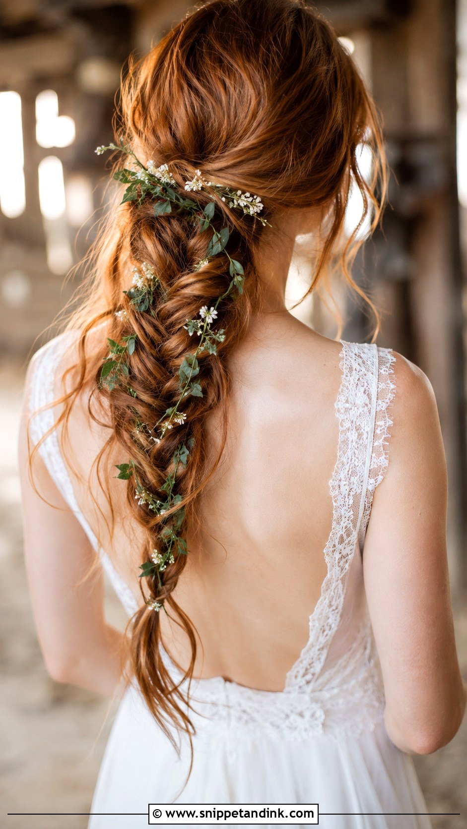 Boho Fishtail Braid With Greenery - Snippet and Ink - 25 Whimsical Wedding Hair Ideas