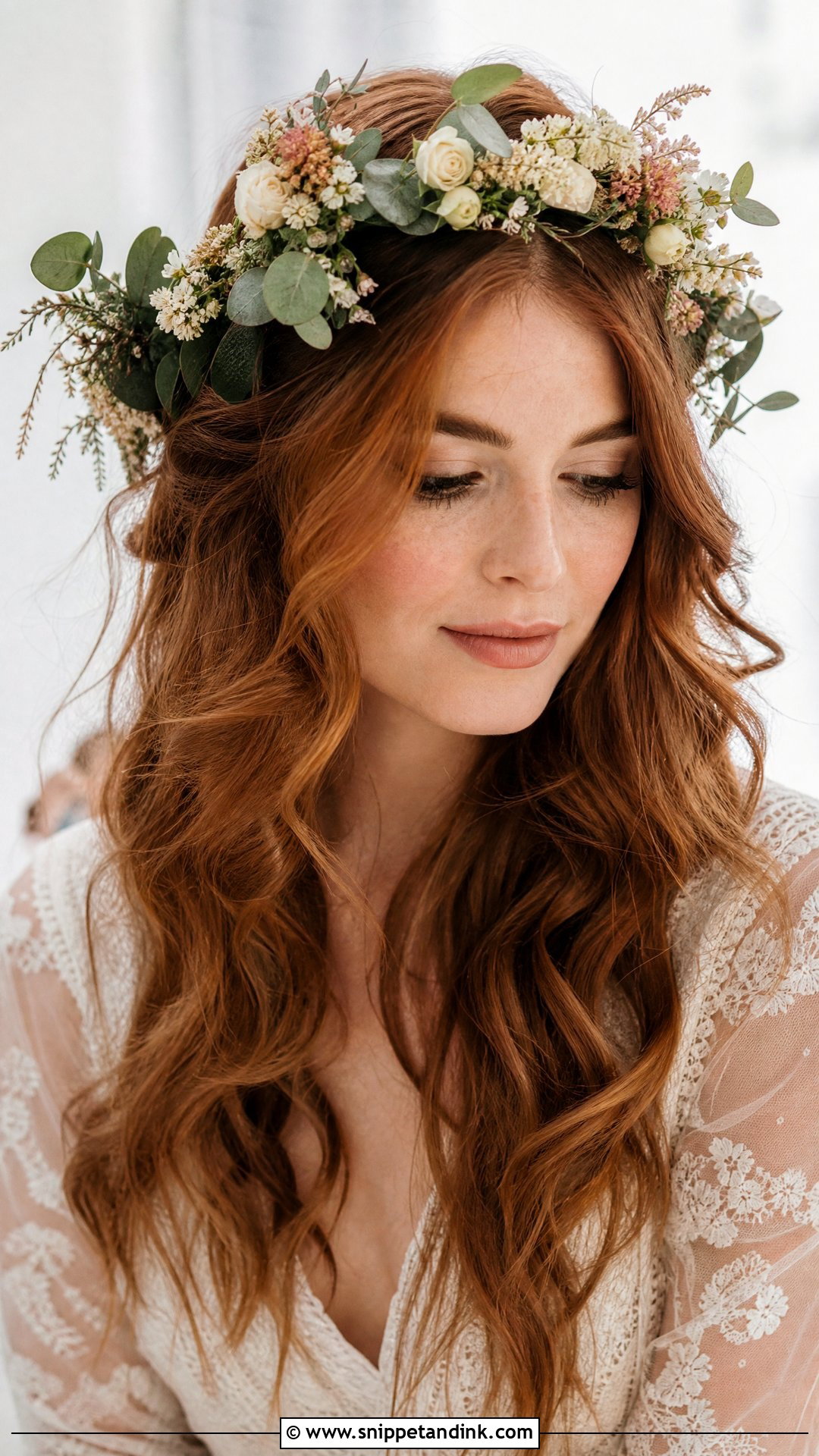 Boho Floral Crown With Loose Waves - Snippet and Ink - 20 Bridal Hair Flower Ideas