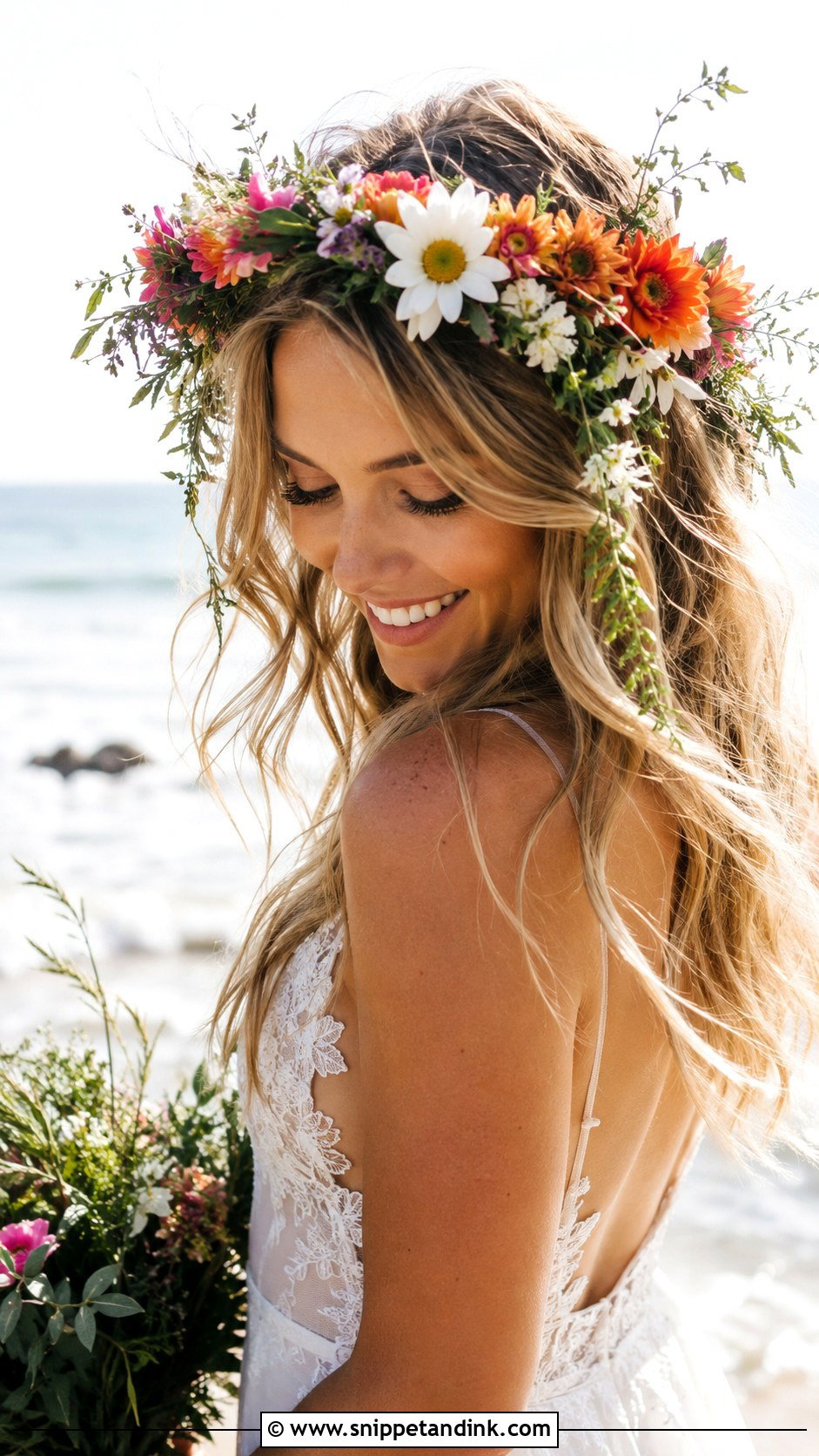 Boho Flower Crown With Beach Waves - Snippet and Ink - 20 Wedding Hair with Flower Crown Ideas