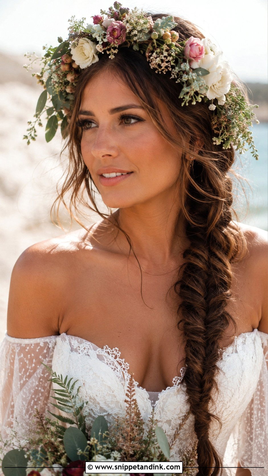 Boho Flower Crown With Fishtail Braid - Snippet and Ink - 20 Wedding Hair with Flower Crown Ideas