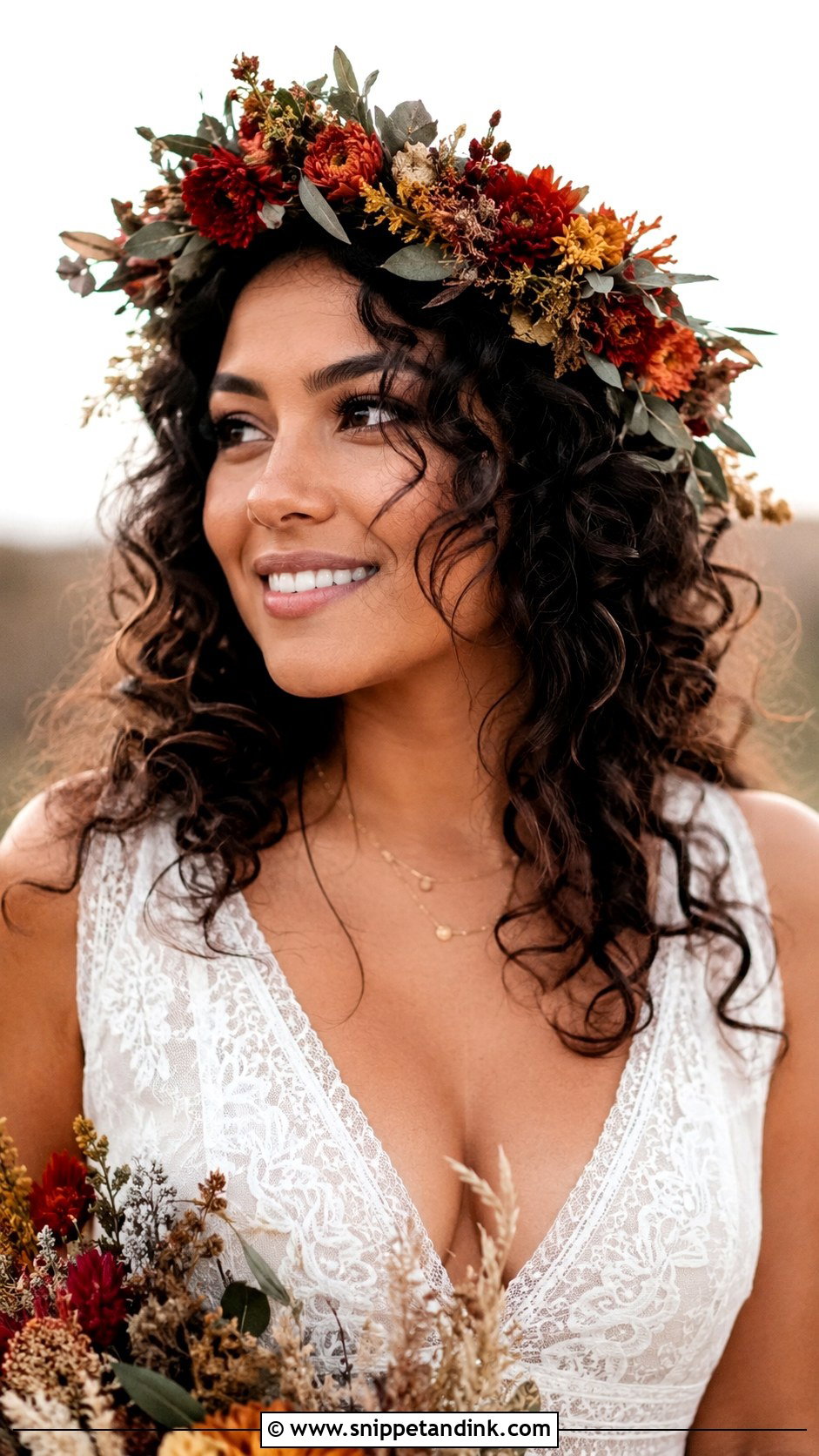 Boho Flower Crown With Loose Curls - Snippet and Ink - 20 Flower Crown Wedding Hair Ideas