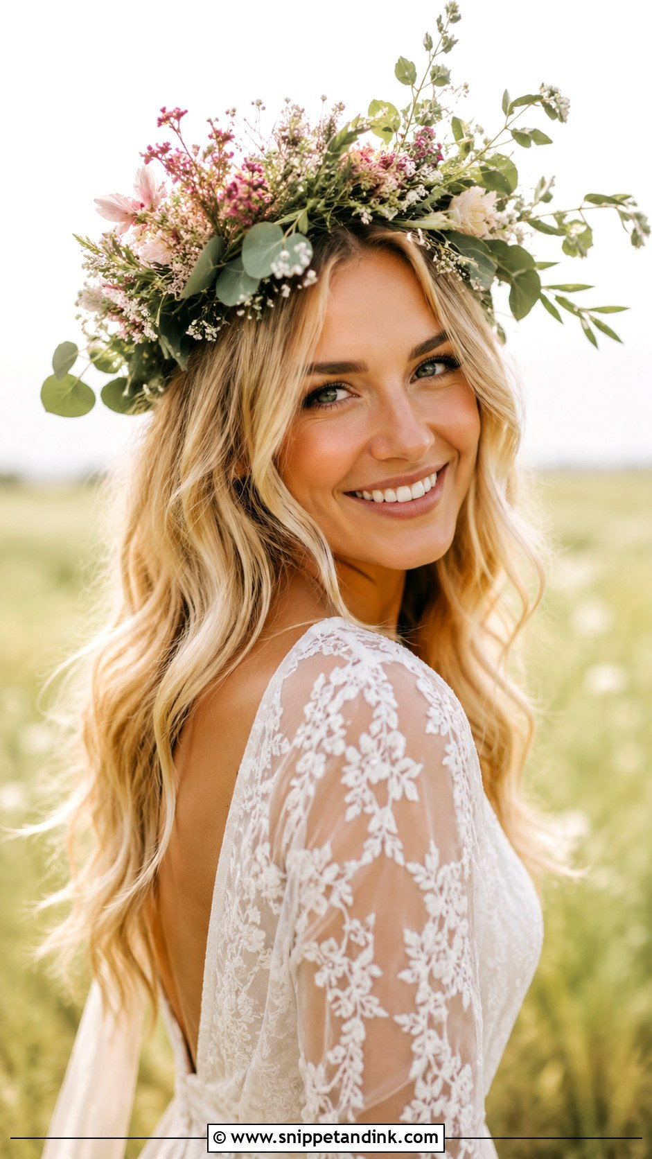 Boho Flower Crown With Waves - Snippet and Ink - 20 Bridal Hair with Flower Crown Ideas
