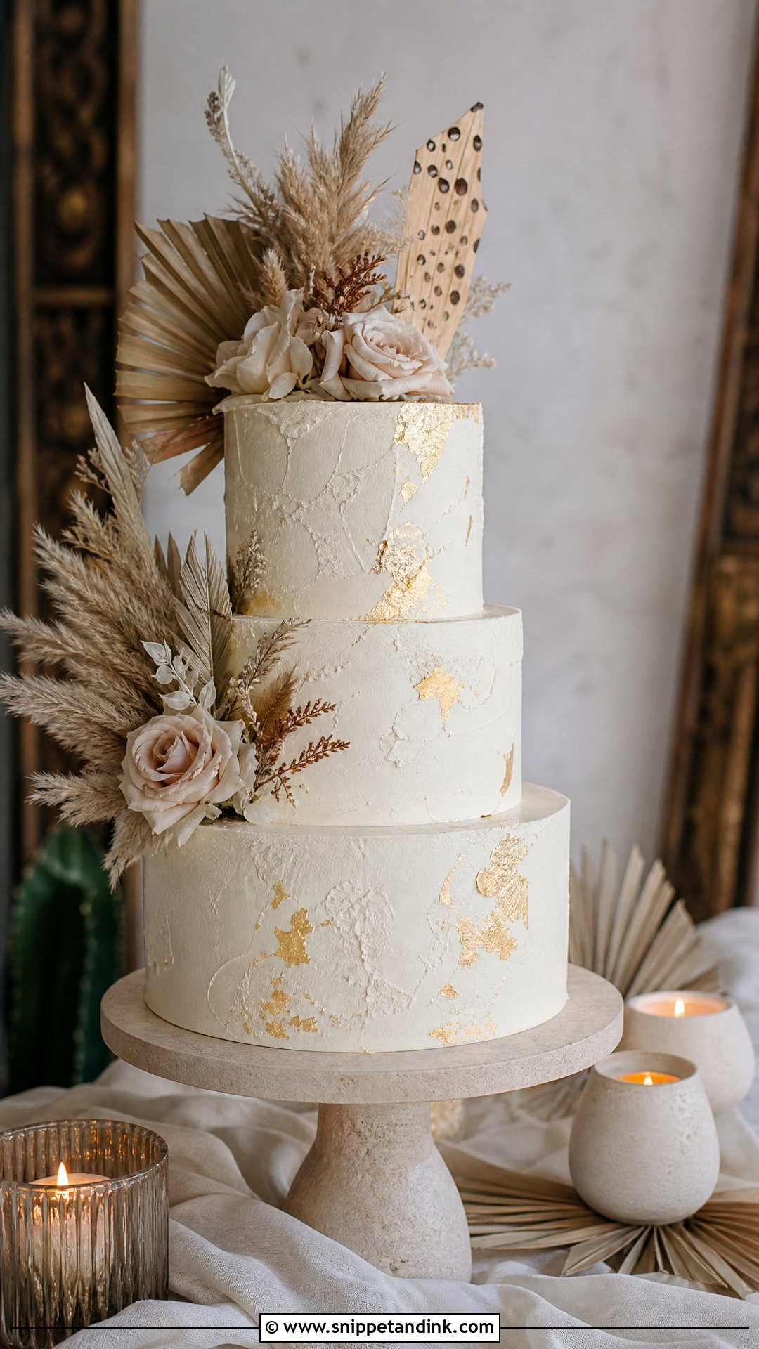 Boho Gold Leaf Wedding Cake - Snippet and Ink - 25 Boho Cake Design Ideas for Wedding