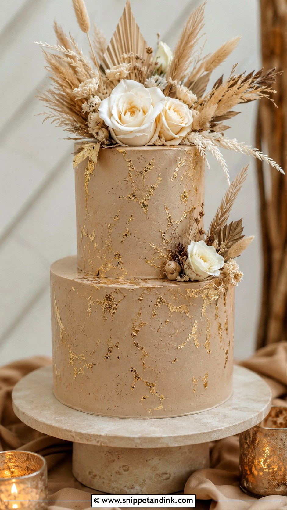 Boho Gold Leaf Wedding Cake - Snippet and Ink - 20 Boho Style Cake Ideas for Wedding