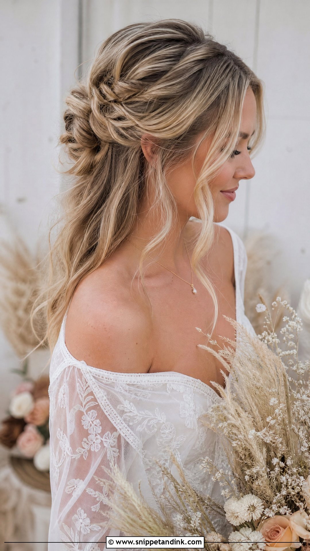 Boho Half Up Bun With Face Framing Tendrils - Snippet and Ink - 20 Half-Up Half-Down Bun Wedding Hair Ideas