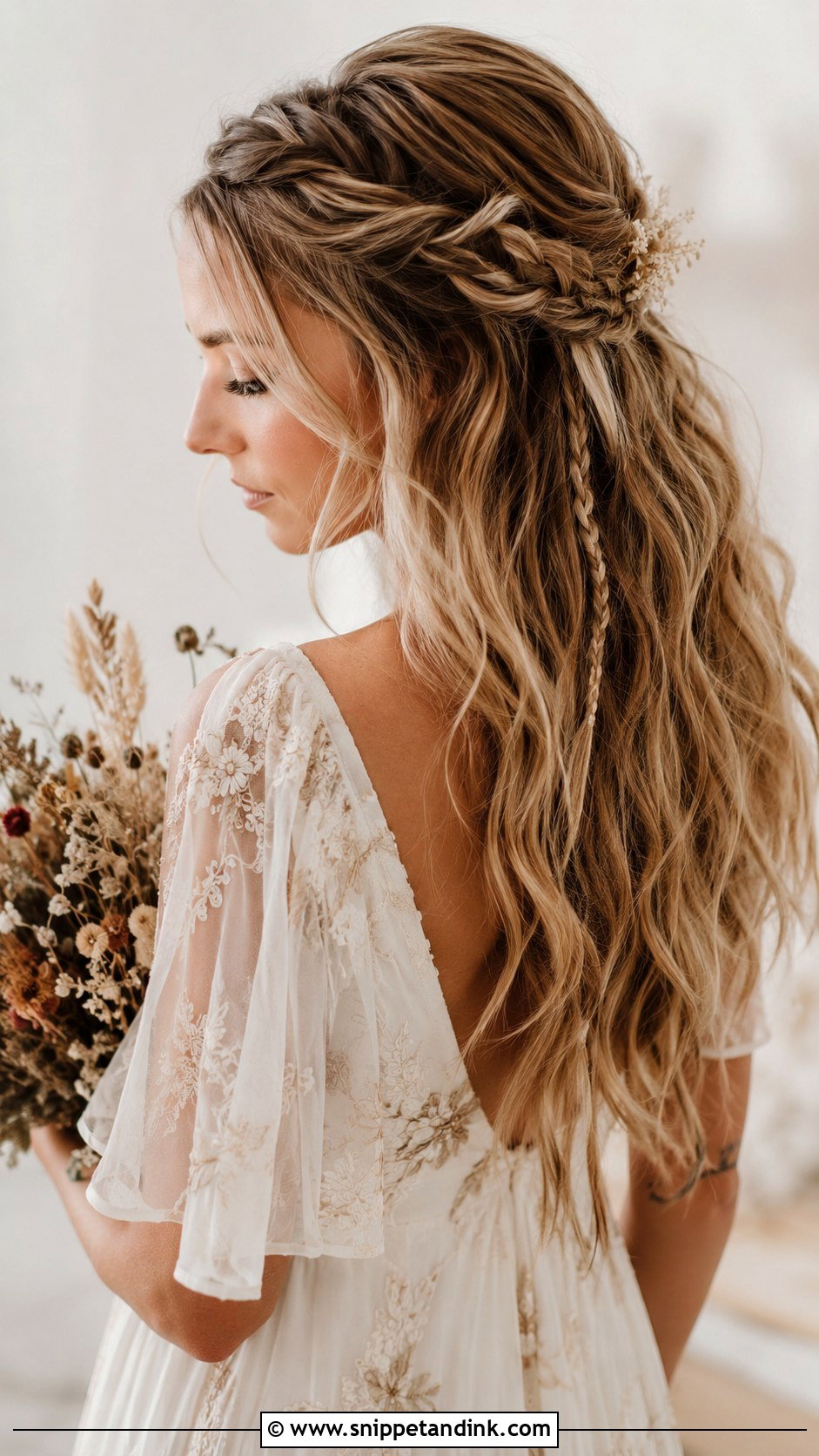 Boho Half Up Half Down with Loose Waves - Snippet and Ink - 25 Medium Length Half-Up Half-Down Wedding Hairstyles