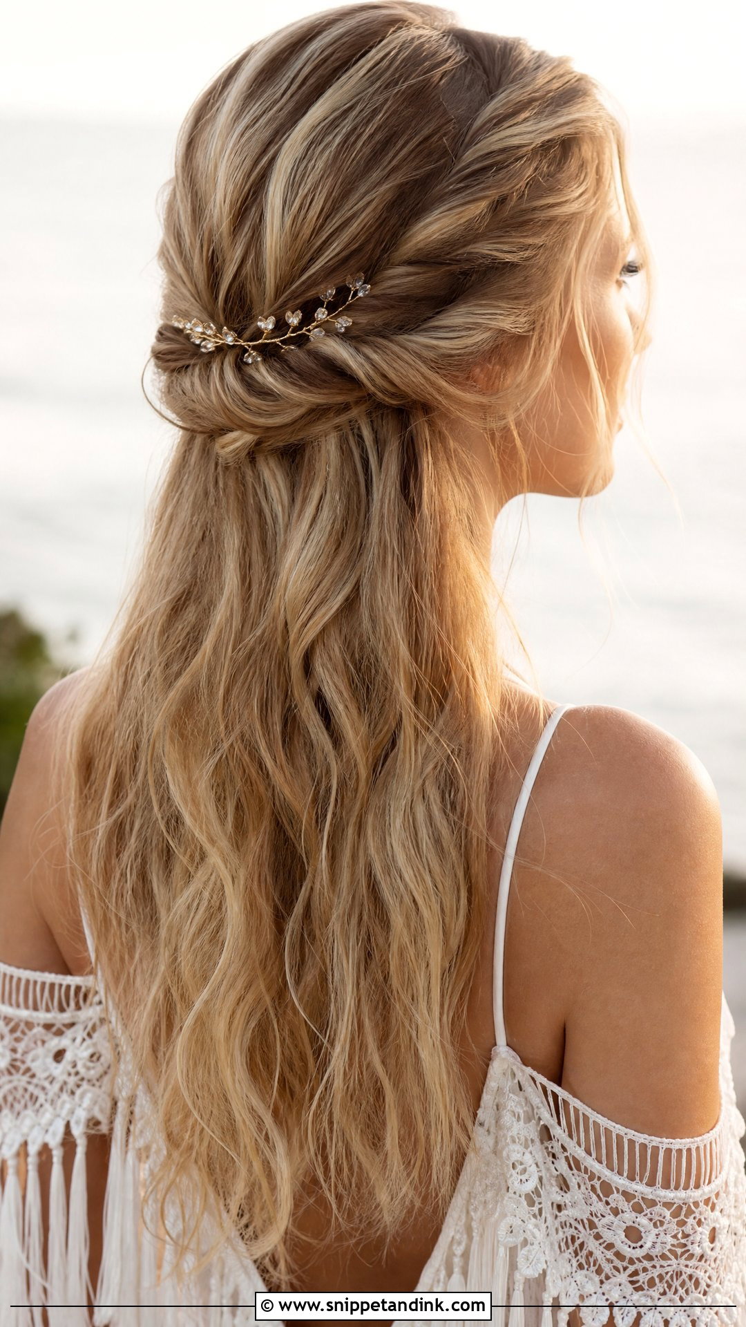 Boho Half Up Twisted Crown - Snippet and Ink - 20 Long Hair Wedding Guest Hairstyles