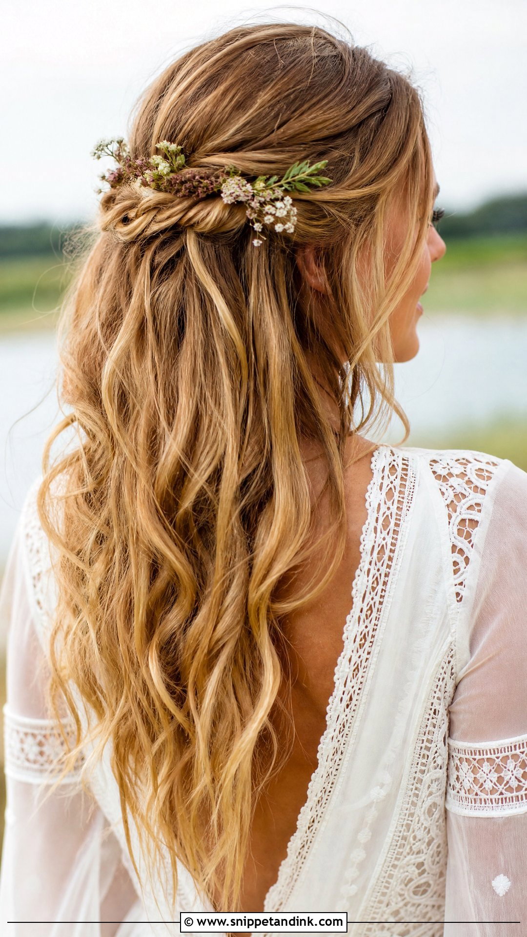 Boho Half Up Wedding Hair for Medium Hair - Snippet and Ink - 20 Medium Hair Wedding Styles