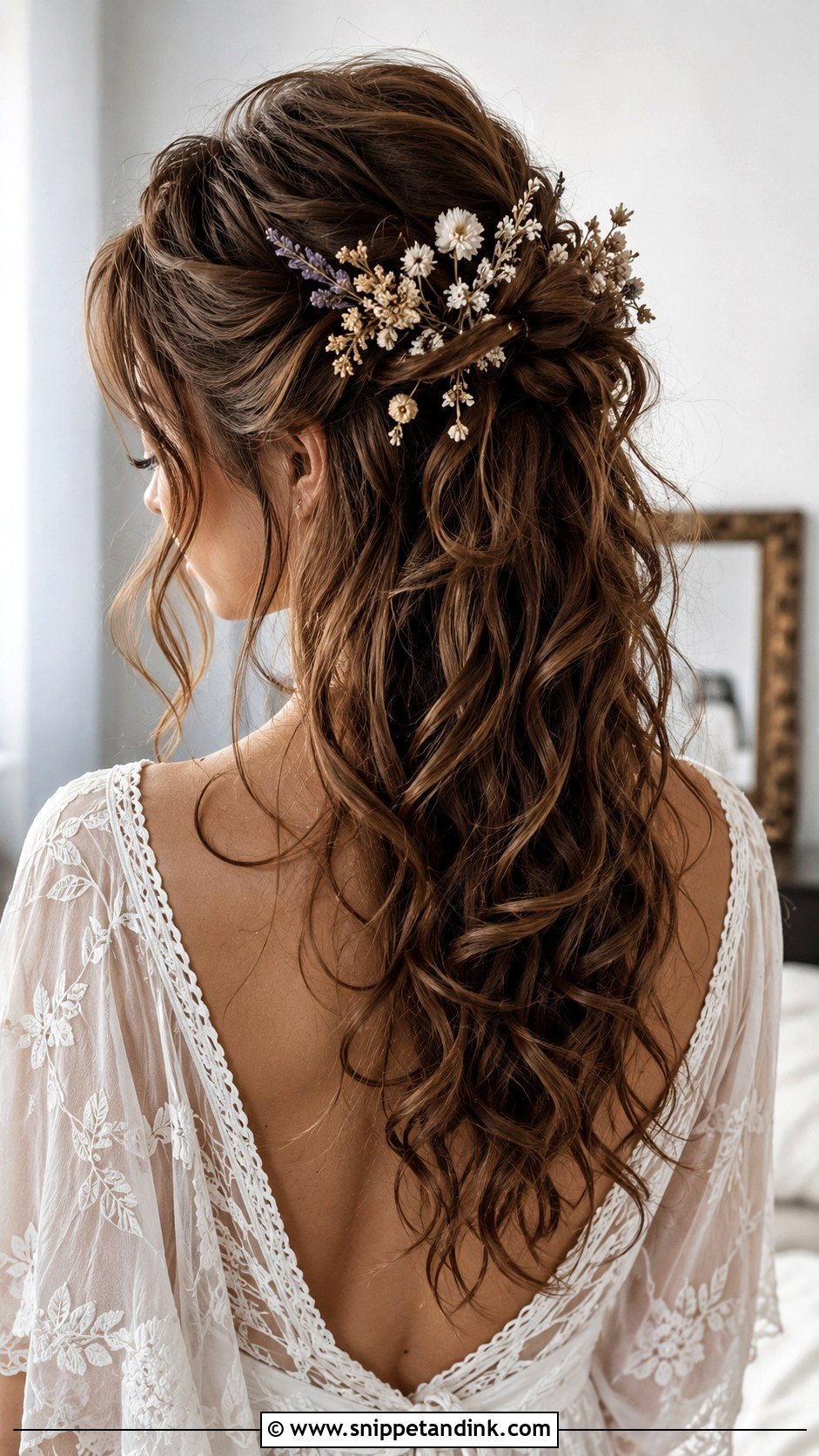 Boho Half Up With Curls - Snippet and Ink - 20 Brunette Bridal Half-Up Half-Down Hair Ideas