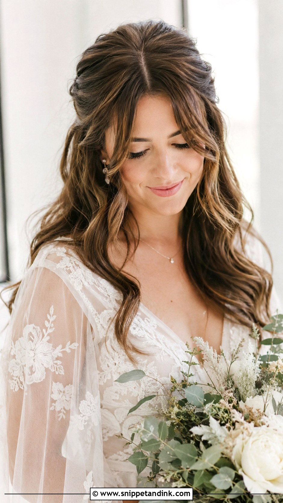 Boho Half Up With Curtain Bangs - Snippet and Ink - 25 Boho Half-Up Half-Down Wedding Hair Ideas