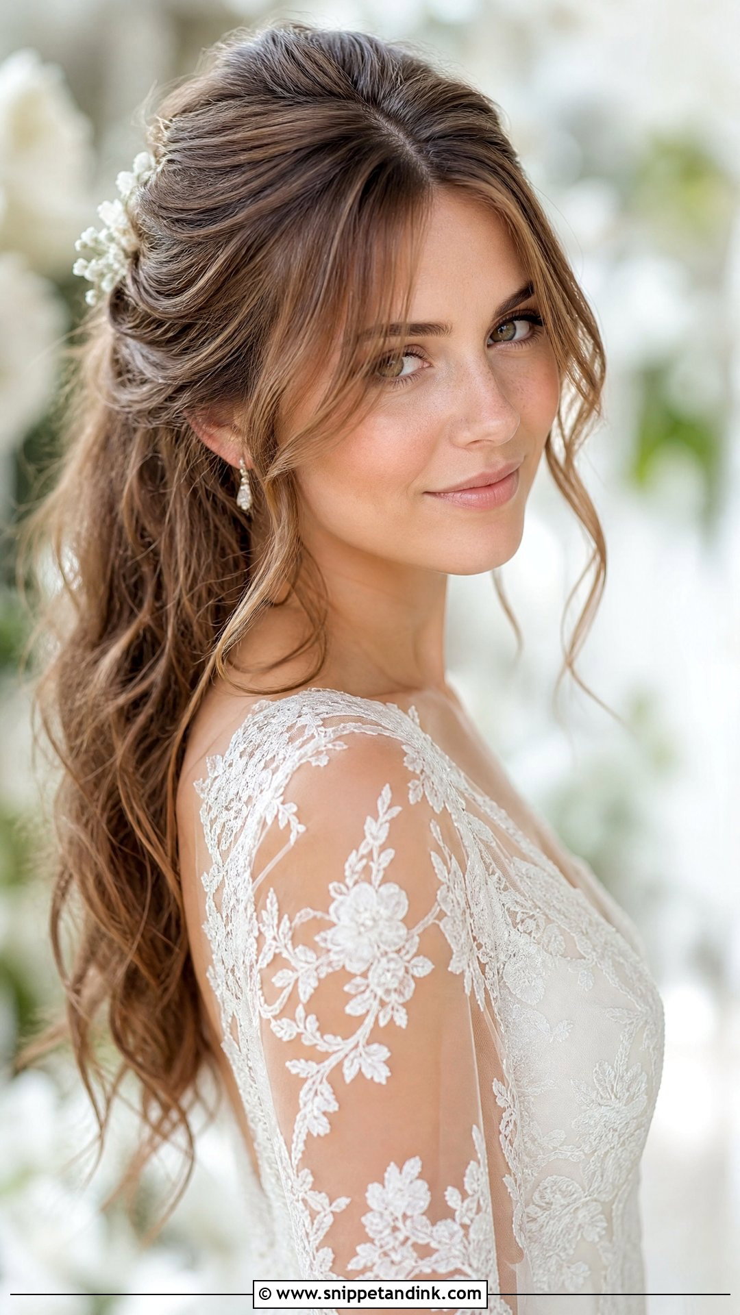 Boho Half Up With Curtain Bangs - Snippet and Ink - 25 Boho Half-Up Bridal Hair Ideas