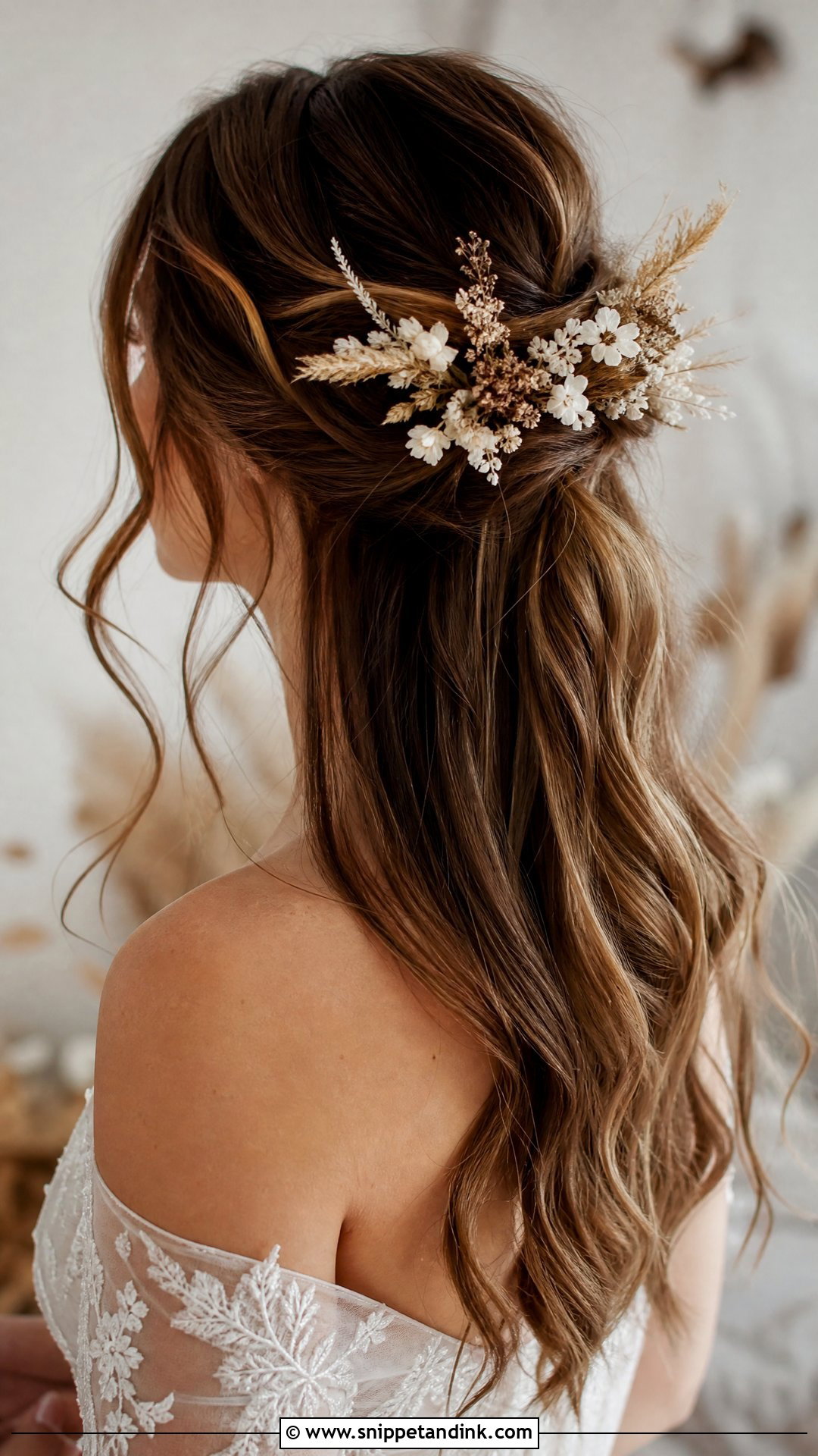 Boho Half Up With Dried Flowers - Snippet and Ink - 20 Wedding Hair Down with Flowers