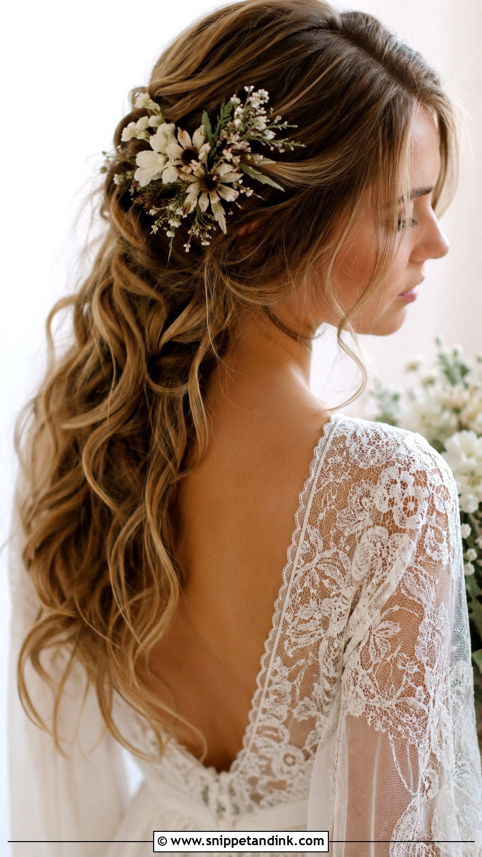 Boho Half Up With Florals - Snippet and Ink - 25 Medium Length Wedding Hairstyles