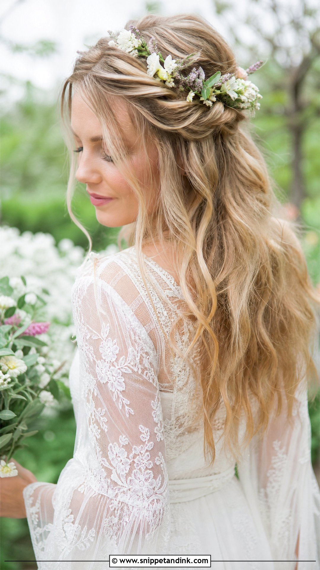 Boho Half Up With Flower Accents - Snippet and Ink - 20 Half-Up Half-Down Brides Hairstyles
