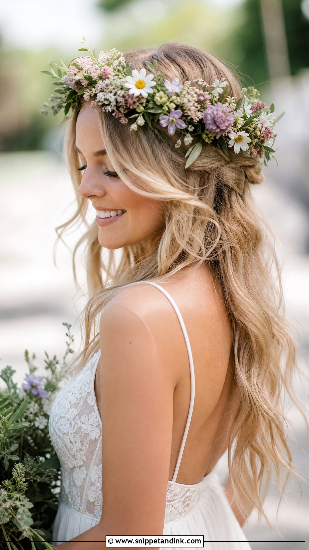 Boho Half Up With Flower Crown - Snippet and Ink - 25 Boho Half-Up Bridal Hair Ideas
