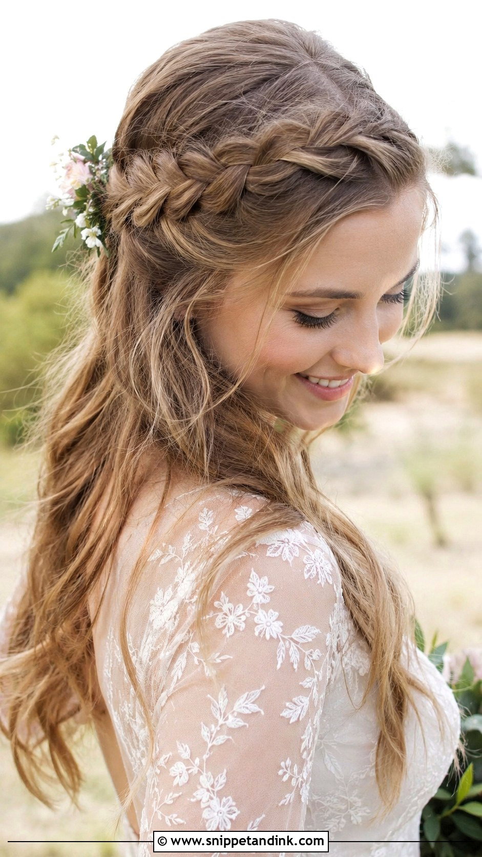 Boho Half Up With Flowers - Snippet and Ink - 25 Medium Length Half-Up Half-Down Wedding Hair Ideas