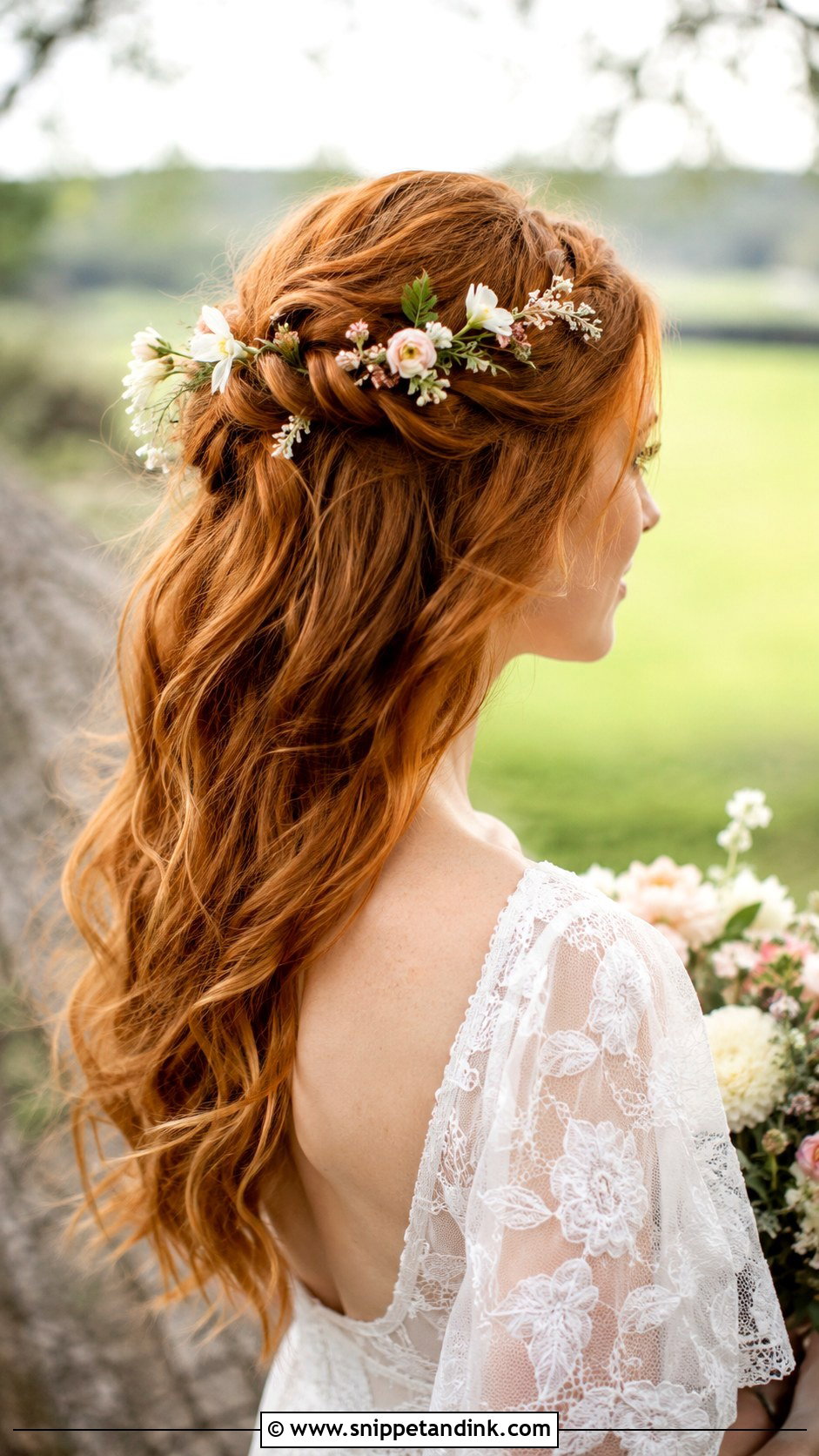 Boho Half Up With Fresh Flowers - Snippet and Ink - 20 Red Hair Wedding Ideas