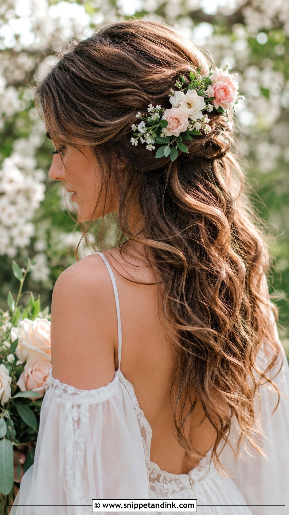 Boho Half Up With Fresh Flowers - Snippet and Ink - 25 Boho Half-Up Half-Down Wedding Hair Ideas