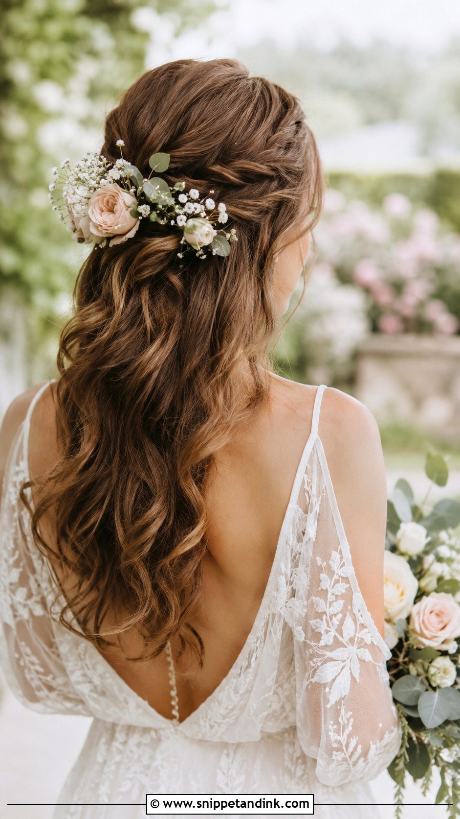 Boho Half Up With Fresh Flowers - Snippet and Ink - 30 Half-Up Half-Down Bridal Hairstyles
