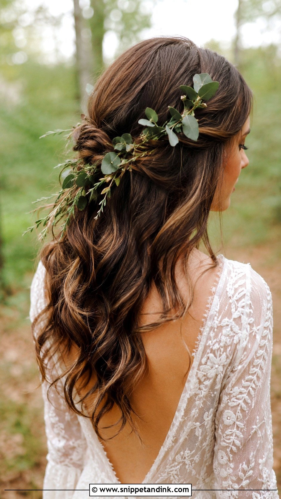 Boho Half Up With Greenery - Snippet and Ink - 25 Boho Half-Up Half-Down Wedding Hair Ideas