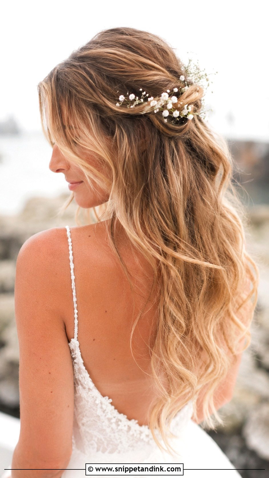 Boho Half Up With Loose Waves - Snippet and Ink - 25 Elegant Half-Up Half-Down Wedding Hairstyles
