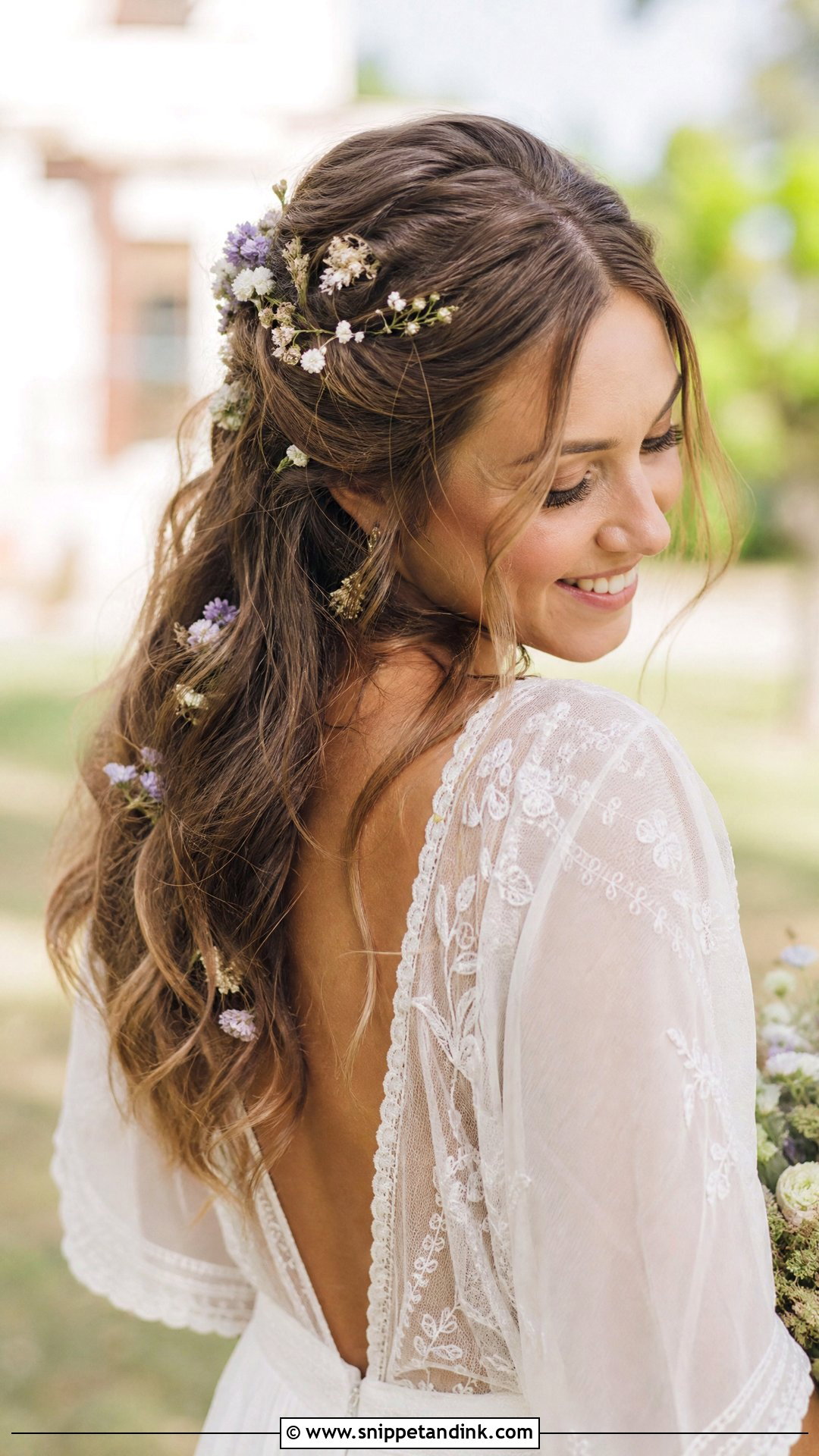 Boho Half Up With Tucked Flowers - Snippet and Ink - 25 Boho Half-Up Bridal Hair Ideas