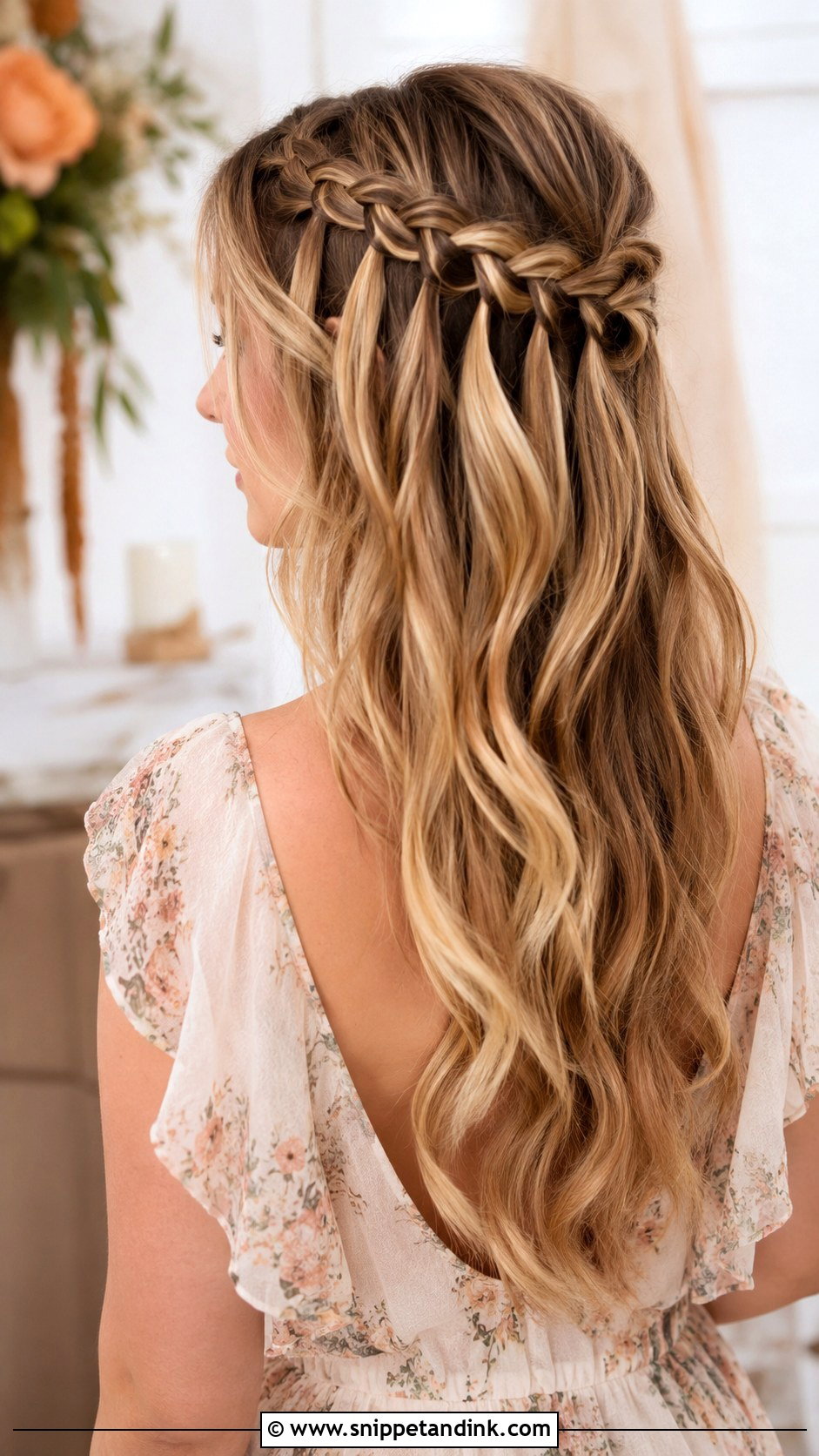 Boho Half Up With Waterfall Braid - Snippet and Ink - 25 Elegant Half-Up Half-Down Wedding Hair Ideas