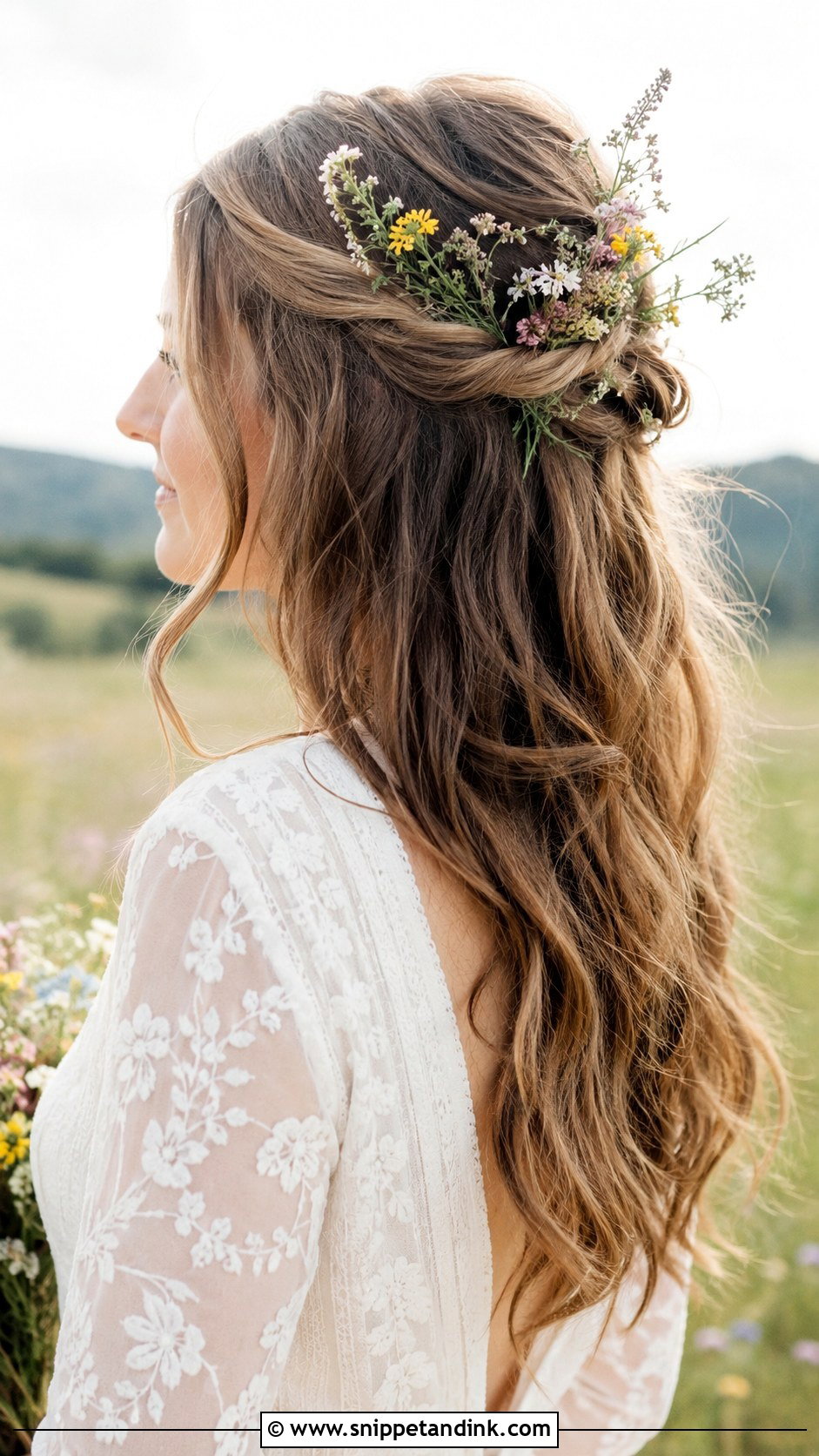 Boho Half Up With Wildflowers - Snippet and Ink - 20 Medium Length Wedding Half-Up Half-Down Ideas