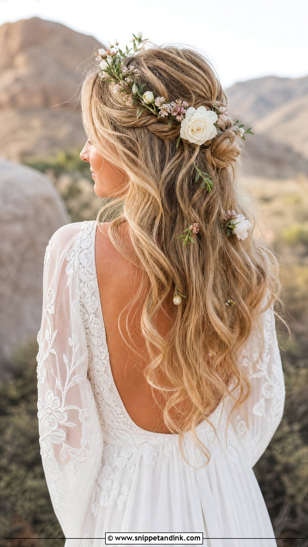 Boho Half Up with Flowers - Snippet and Ink - 20 Half-Up Wedding Hairstyles for Long Hair the Bride