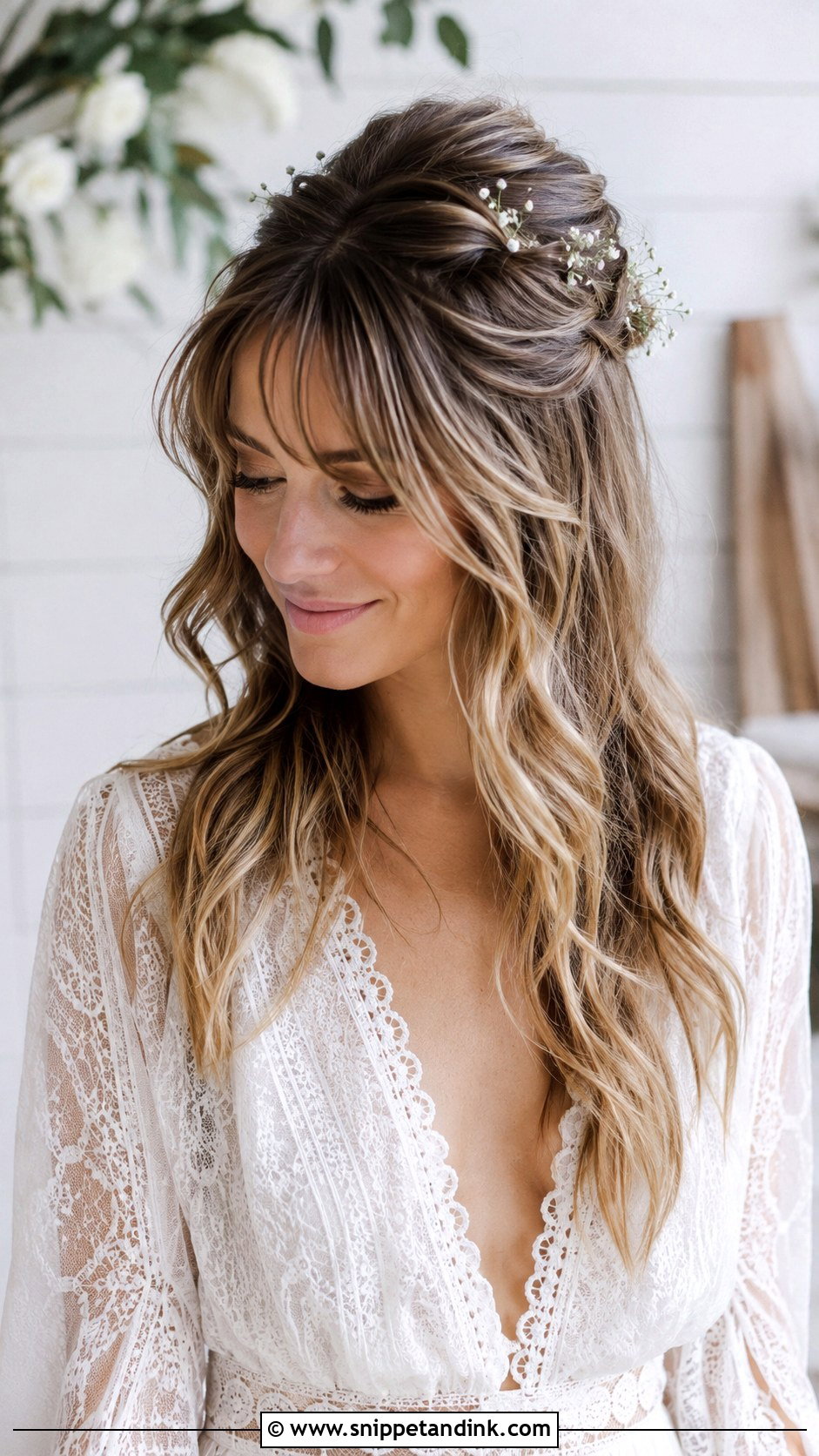 Boho Half Up with Wispy Bangs - Snippet and Ink - 20 Half-Up Half-Down Wedding Hair with Bangs